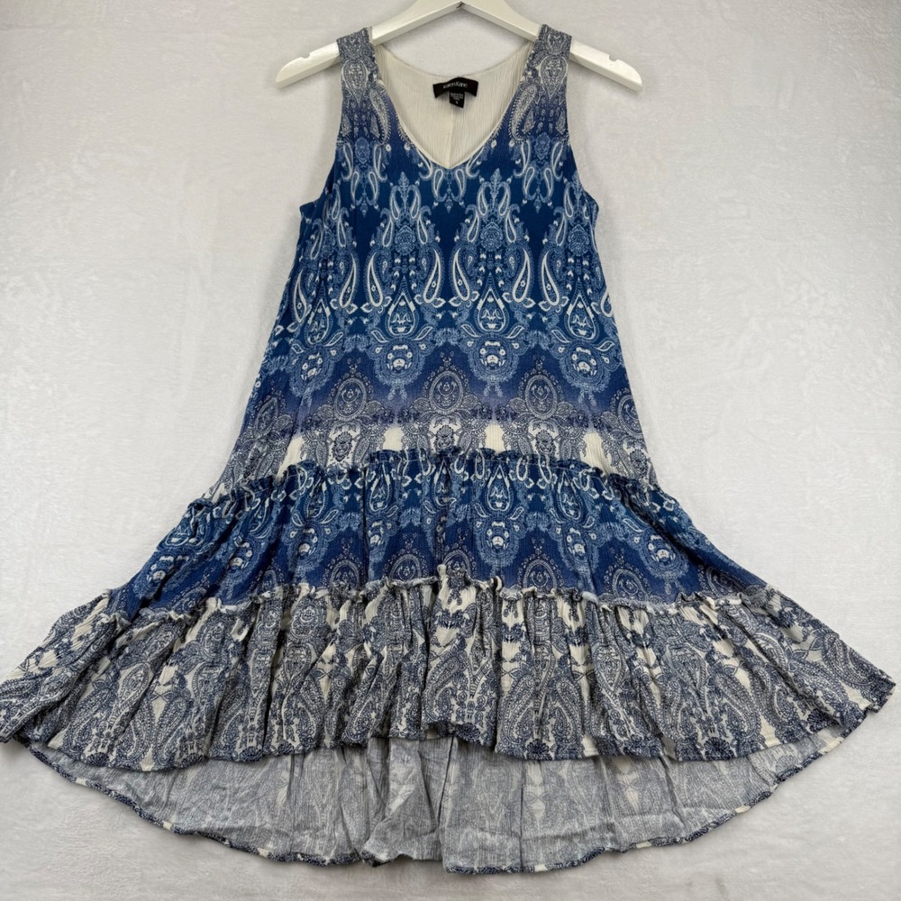 Karen Kane Blue Paisley Tiered High-Low Sleeveless Crinkle Dress Womens Small